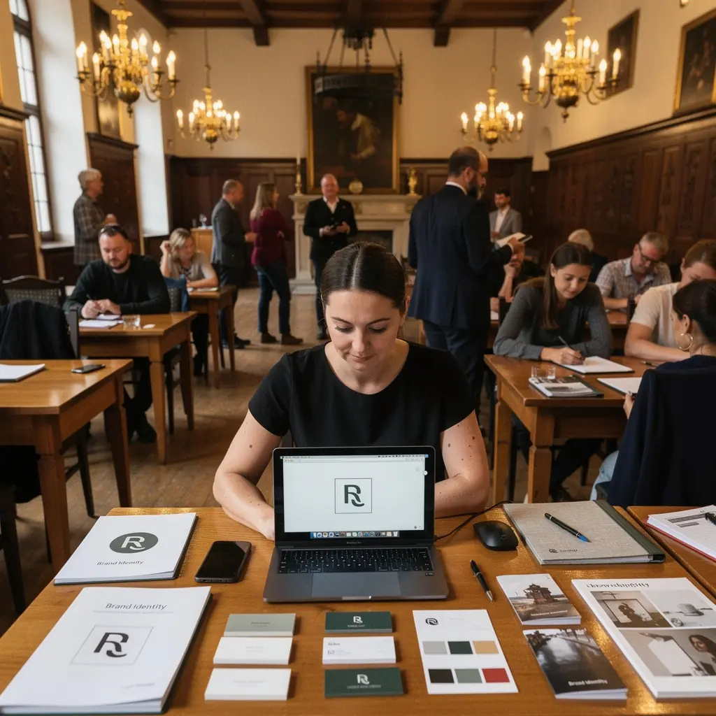 Ilustrace procesu návrhu značky s brainstormingem a skicami.