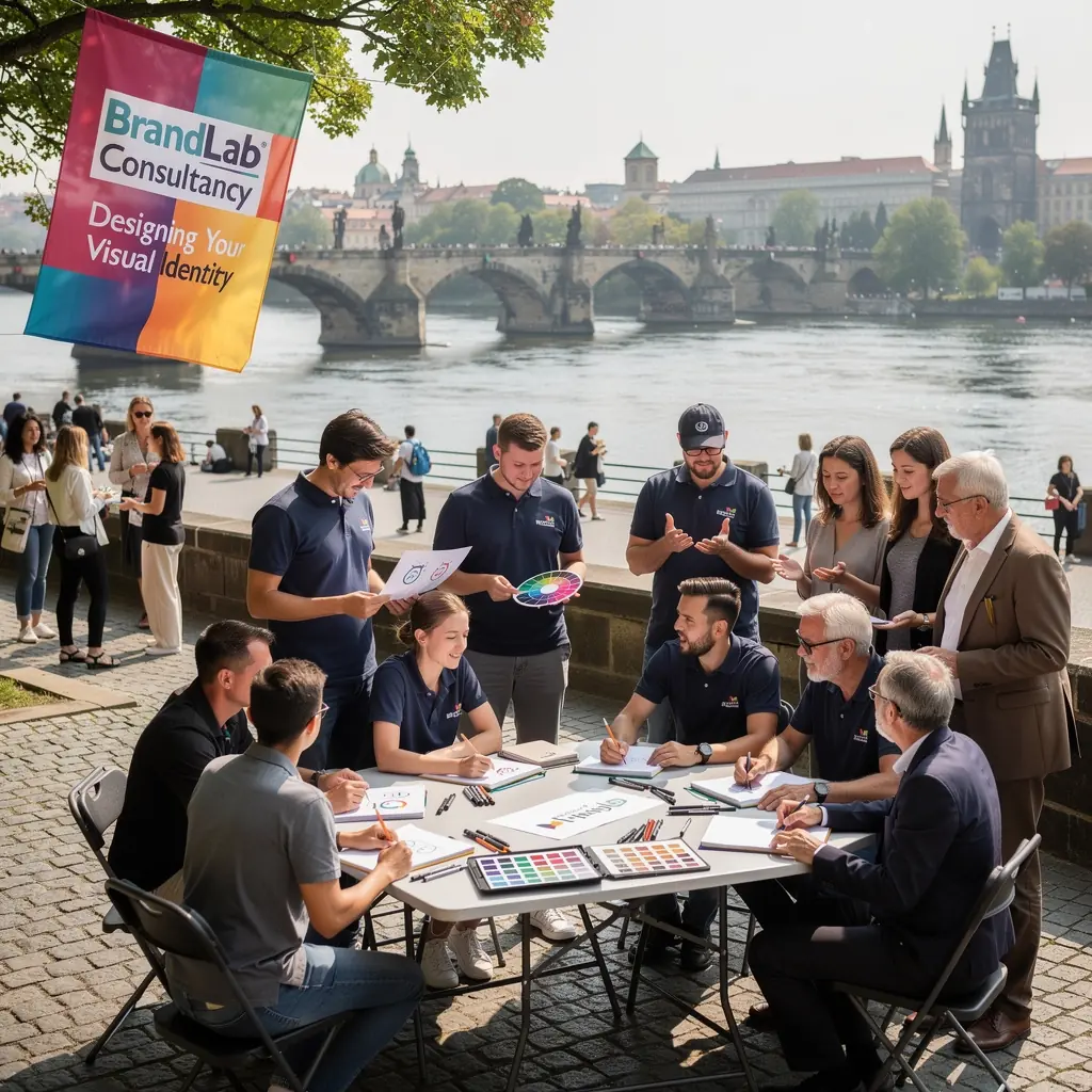 Atmosférický snímek pracovního prostoru designérů při tvorbě loga.